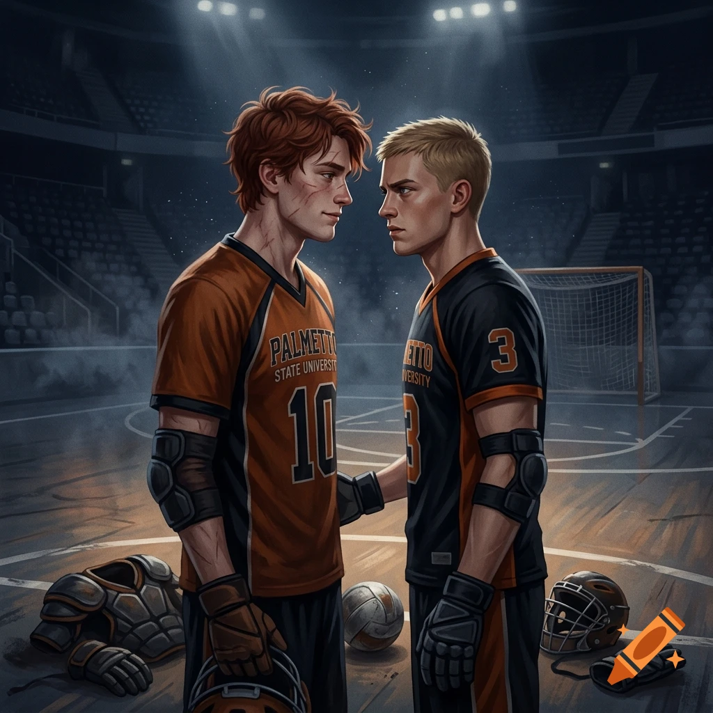 Two male athletes in sports jerseys facing each other inside a large indoor stadium, anime digital art style.