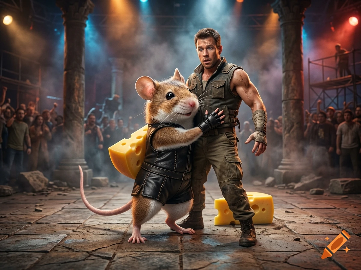 Photorealistic scene of a humanoid female mouse in a leather outfit hugging a worried male fighter in a colosseum.