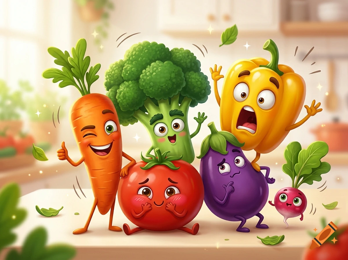 Digital illustration of cute, anthropomorphic vegetables with expressive faces smiling in a kitchen.