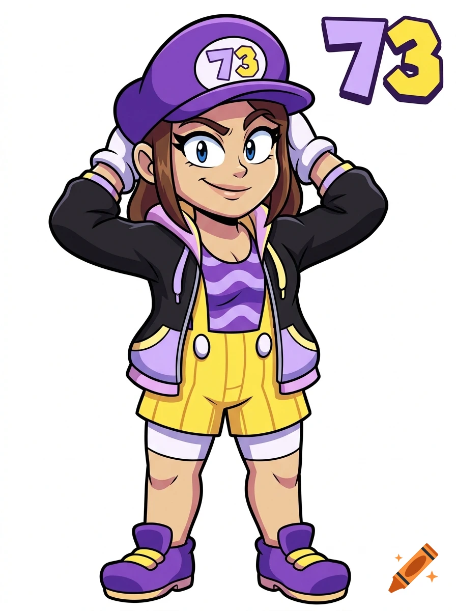 Friday Night Funkin' style cartoon art of an adult female character wearing a purple Wario-style cap and number 73.