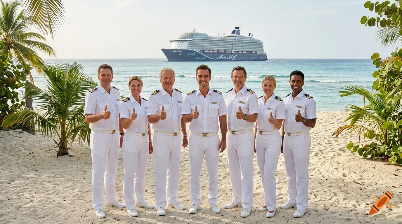 Photorealistic image of the Traumschiff crew in white uniforms giving thumbs up on a tropical beach with a cruise ship in the background.