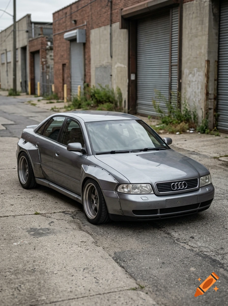 Photorealistic image of a custom grey Audi A4 B5 parked in an alleyway with industrial buildings in the background.
