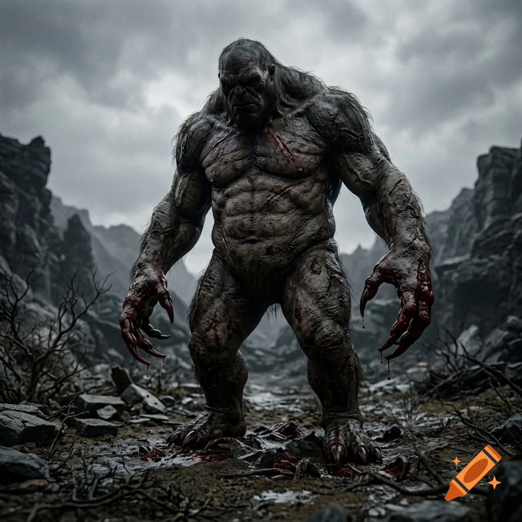 Photorealistic image of a massive, muscular monster with bloody claws standing in a rocky wasteland.