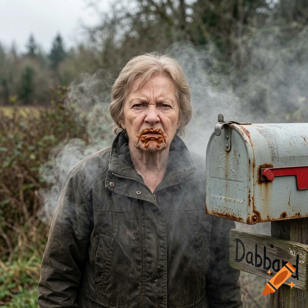 Photorealistic image of an angry elderly woman with brown gel around her mouth standing next to a mailbox reading Dabbard, surrounded by smoke.