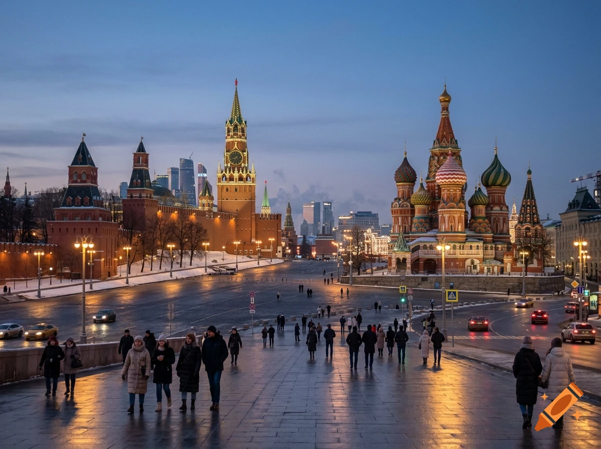 Photorealistic view of Red Square in Moscow at dusk, featuring St. Basil's Cathedral and the Kremlin walls with pedestrians walking.