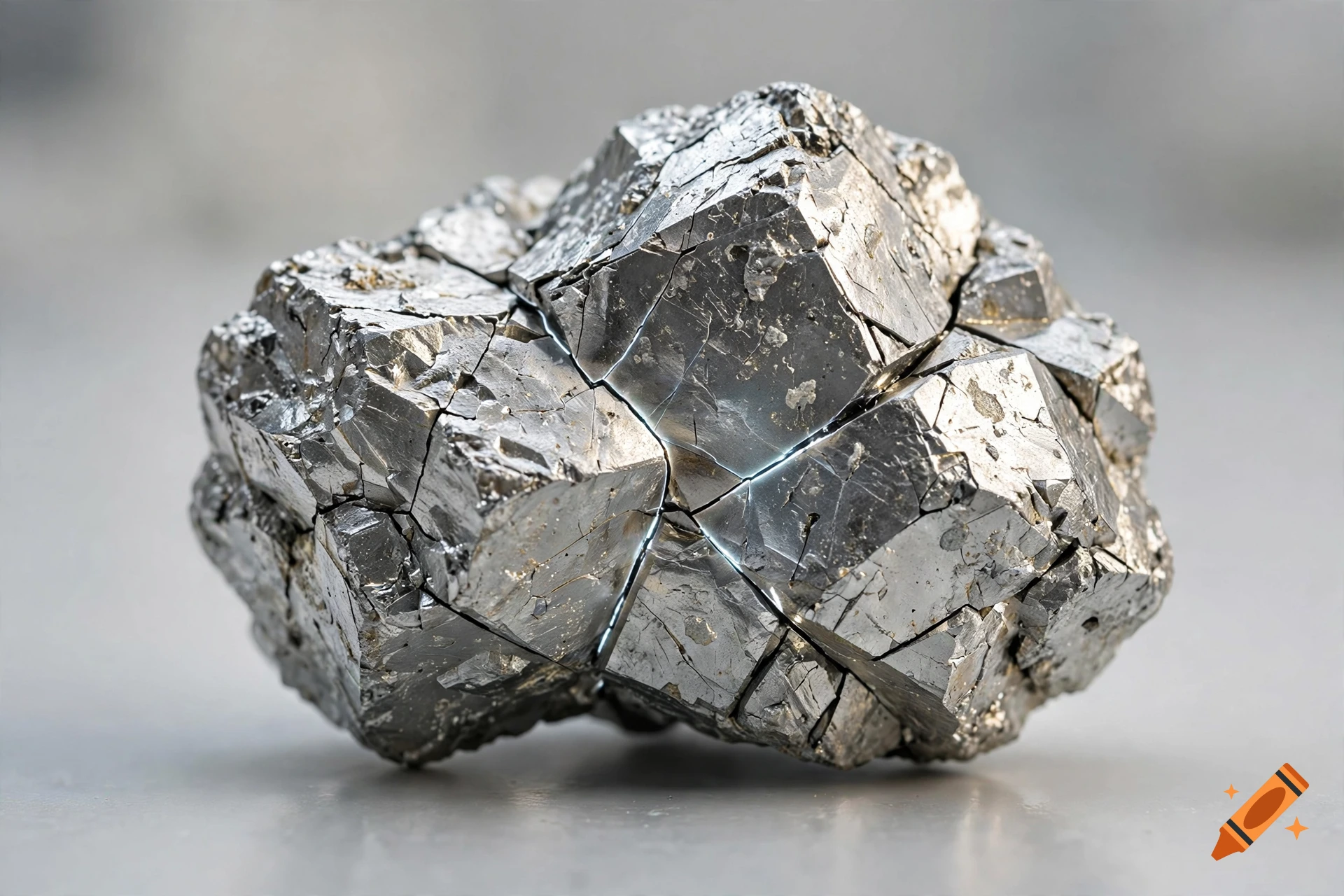 Close-up photorealistic image of a glowing metallic calcium crystal chunk on a reflective surface under studio lighting.