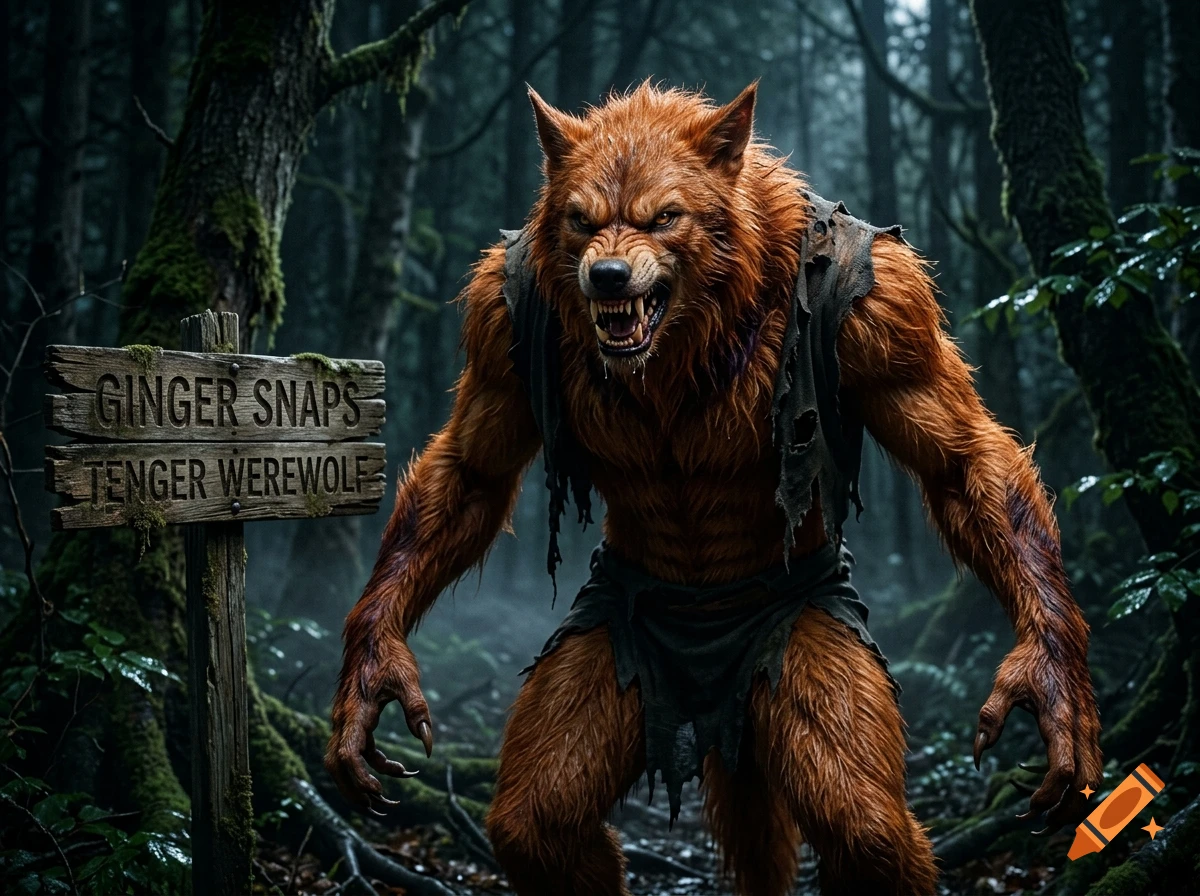 A ginger werewolf standing in a dark forest next to a wooden sign with misspelled text.
