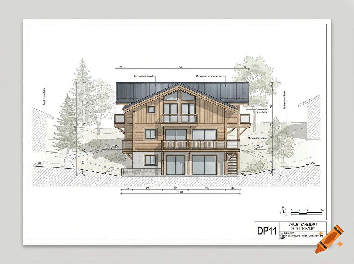 Architectural elevation drawing of a wooden chalet with a metal roof, surrounded by trees.