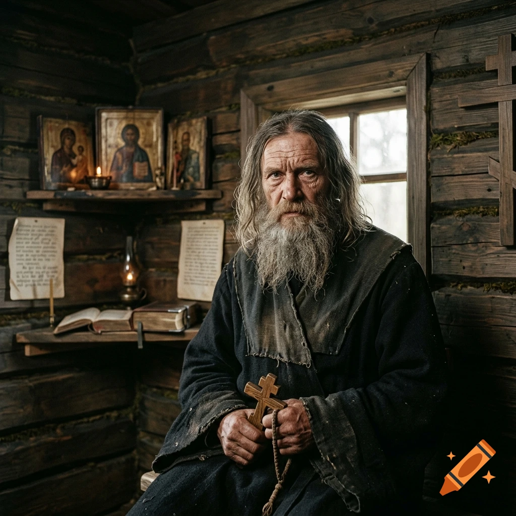 Photorealistic portrait of an elderly bearded man holding a wooden cross inside a rustic wooden cabin with icons.