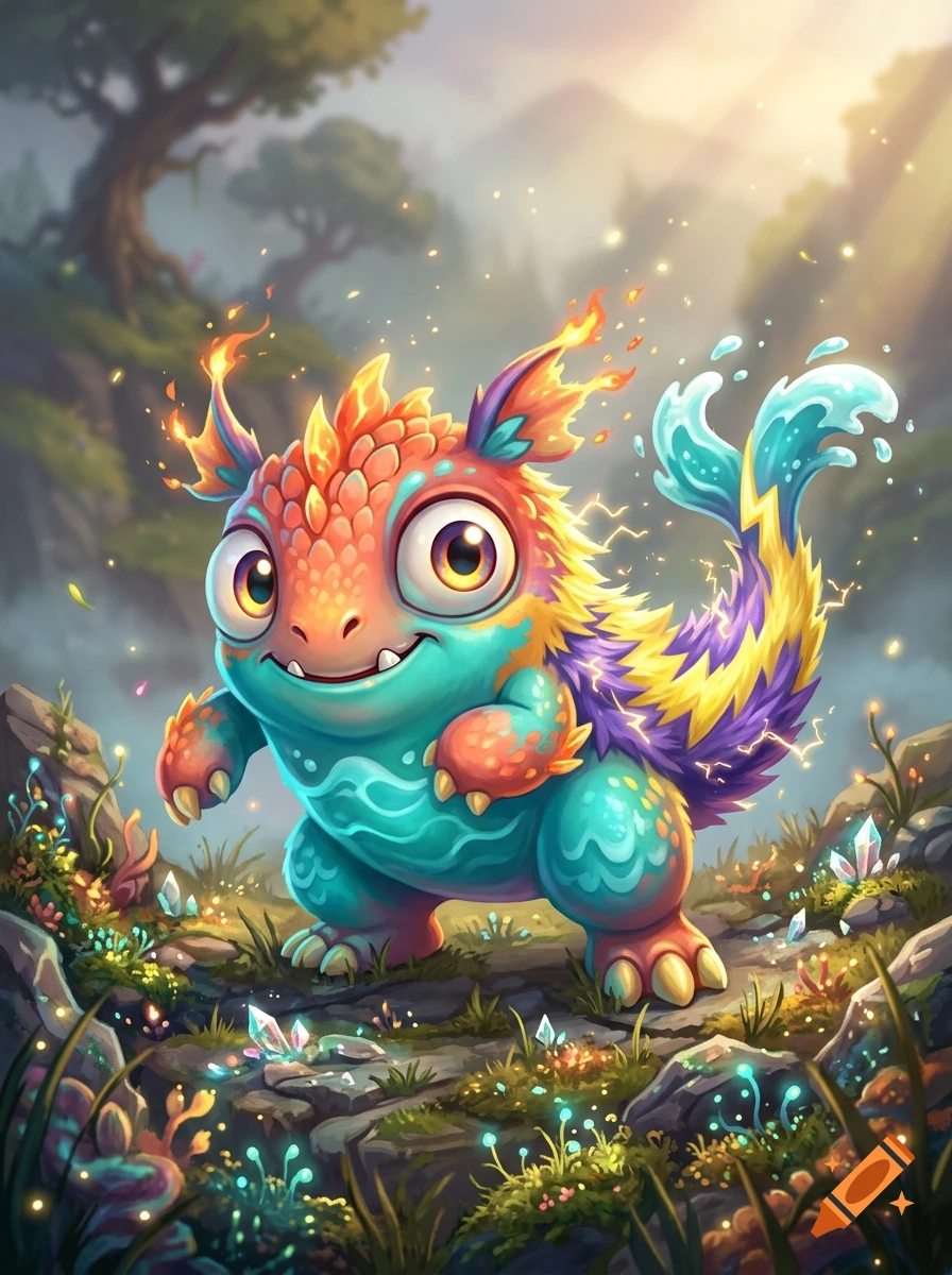 Digital illustration of a cute, colorful fantasy creature with fire and water elements standing in a forest clearing.