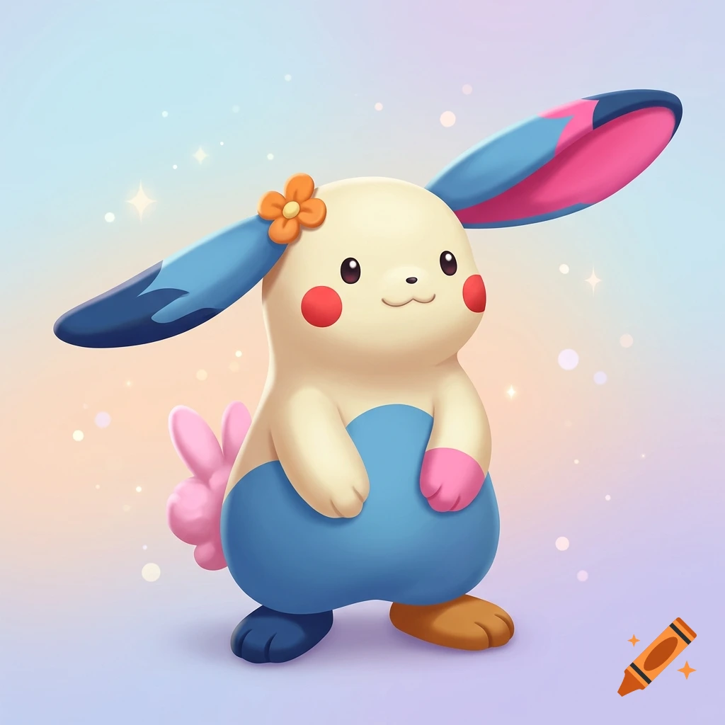 A cute cartoon creature resembling a rabbit with long blue and pink ears, wearing an orange flower on its head, standing against a soft gradient background.