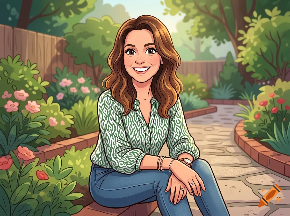 A cartoon drawing of a smiling woman with brown hair, sitting on a stone wall in a garden with flowers and trees.