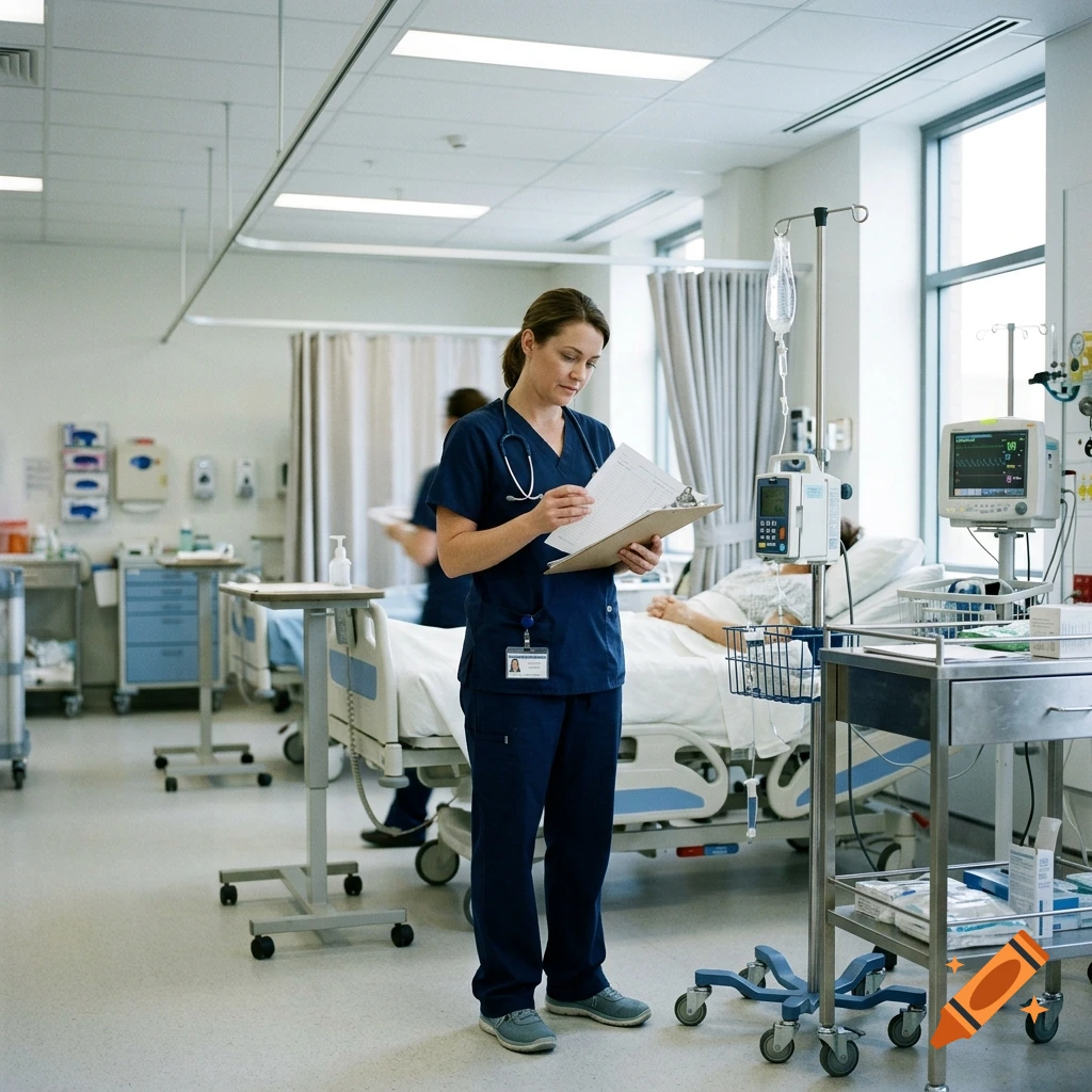 A female nurse in blue scrubs reviewing a clipboard in a hospital room with another nurse and a patient in the background.
