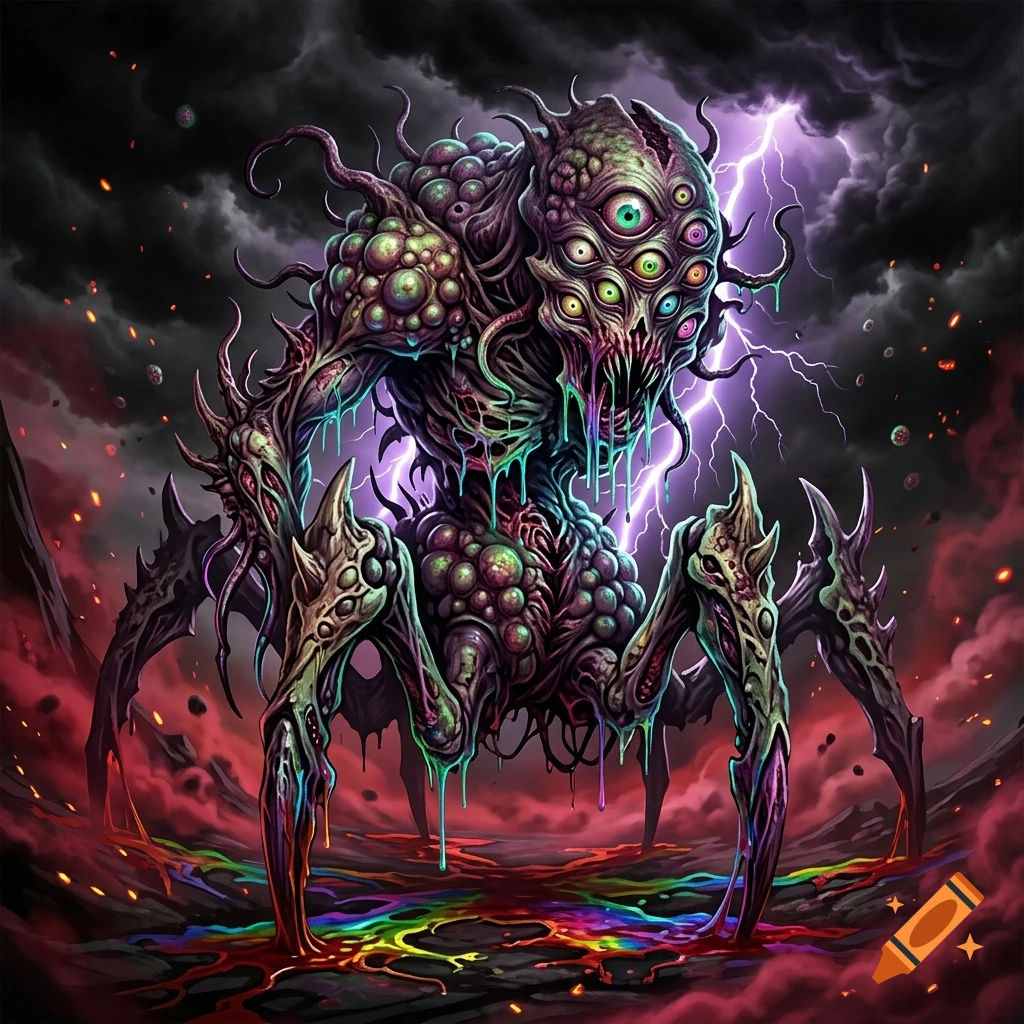 A terrifying multi-eyed monster with spider-like legs, oozing colorful slime against a stormy sky with lightning.