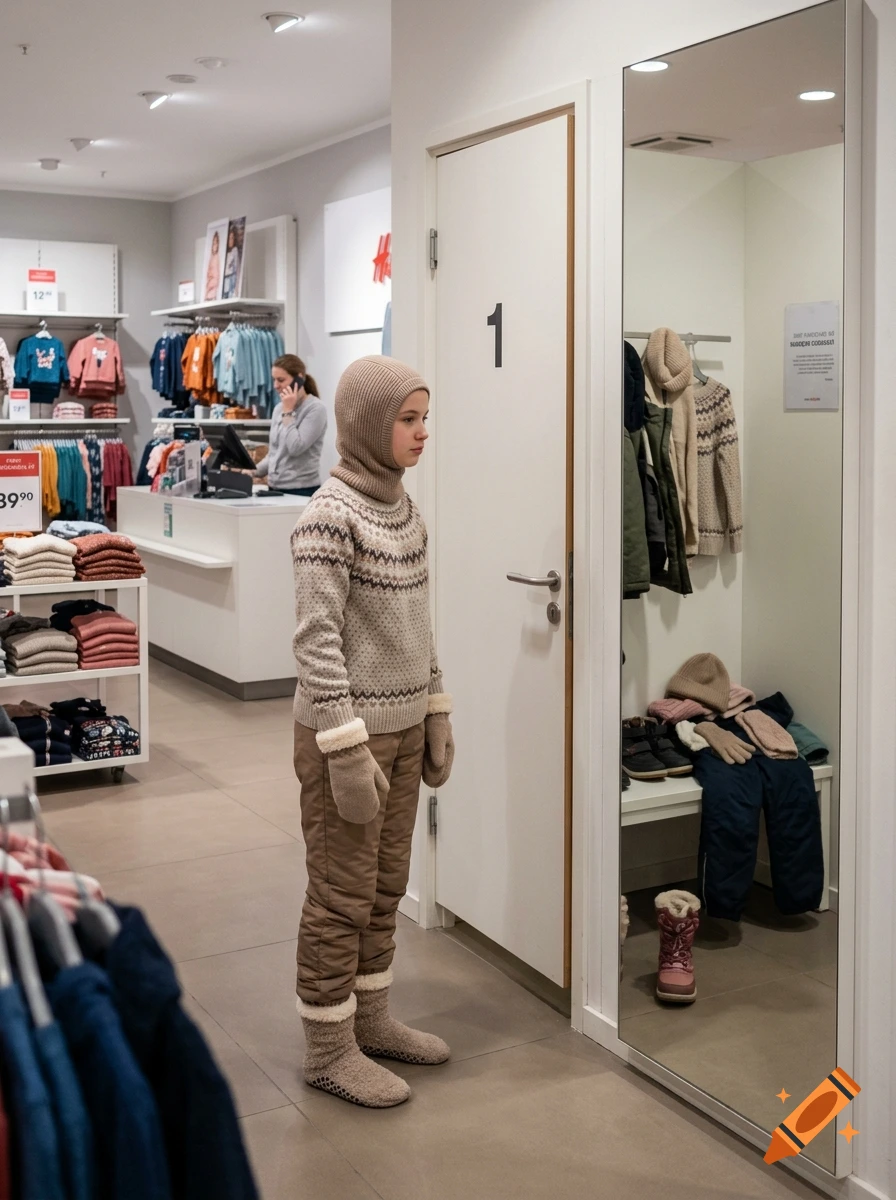Photorealistic image of a teenage girl wearing a beige sweater, balaclava, brown trousers, and cozy socks in a clothing store.