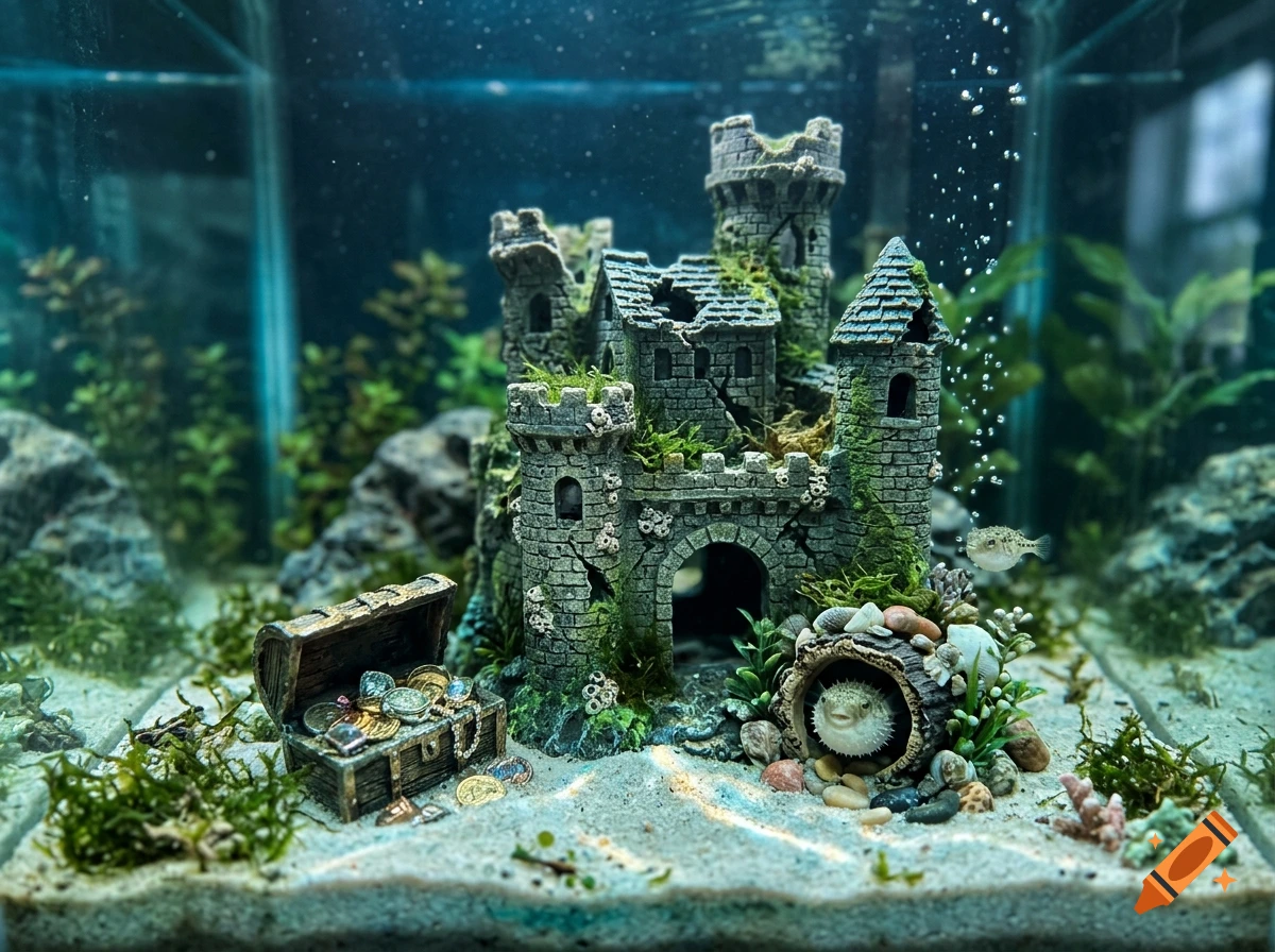 Photorealistic aquarium scene featuring an enchanted stone castle with a treasure chest and a pufferfish peeking out from a log.