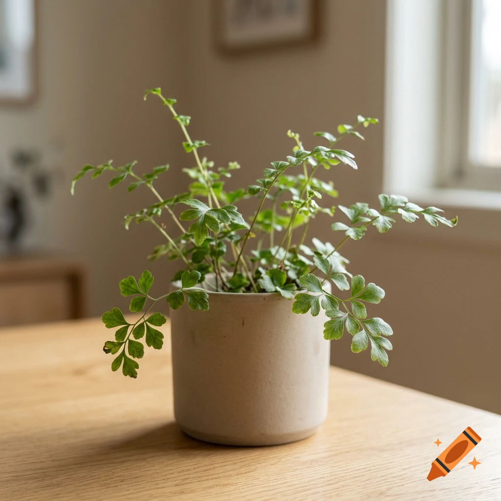 A small green fern plant in a ceramic pot sitting on a light wood table in a brightly lit room.