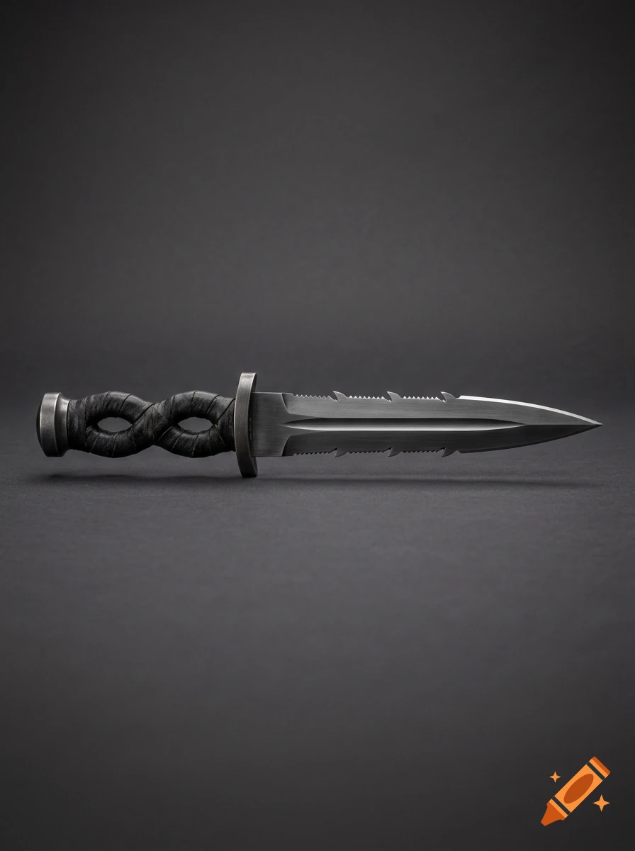 Studio photograph of a fantasy shortsword with an infinity-shaped wrapped handle and serrated blade on a dark background.