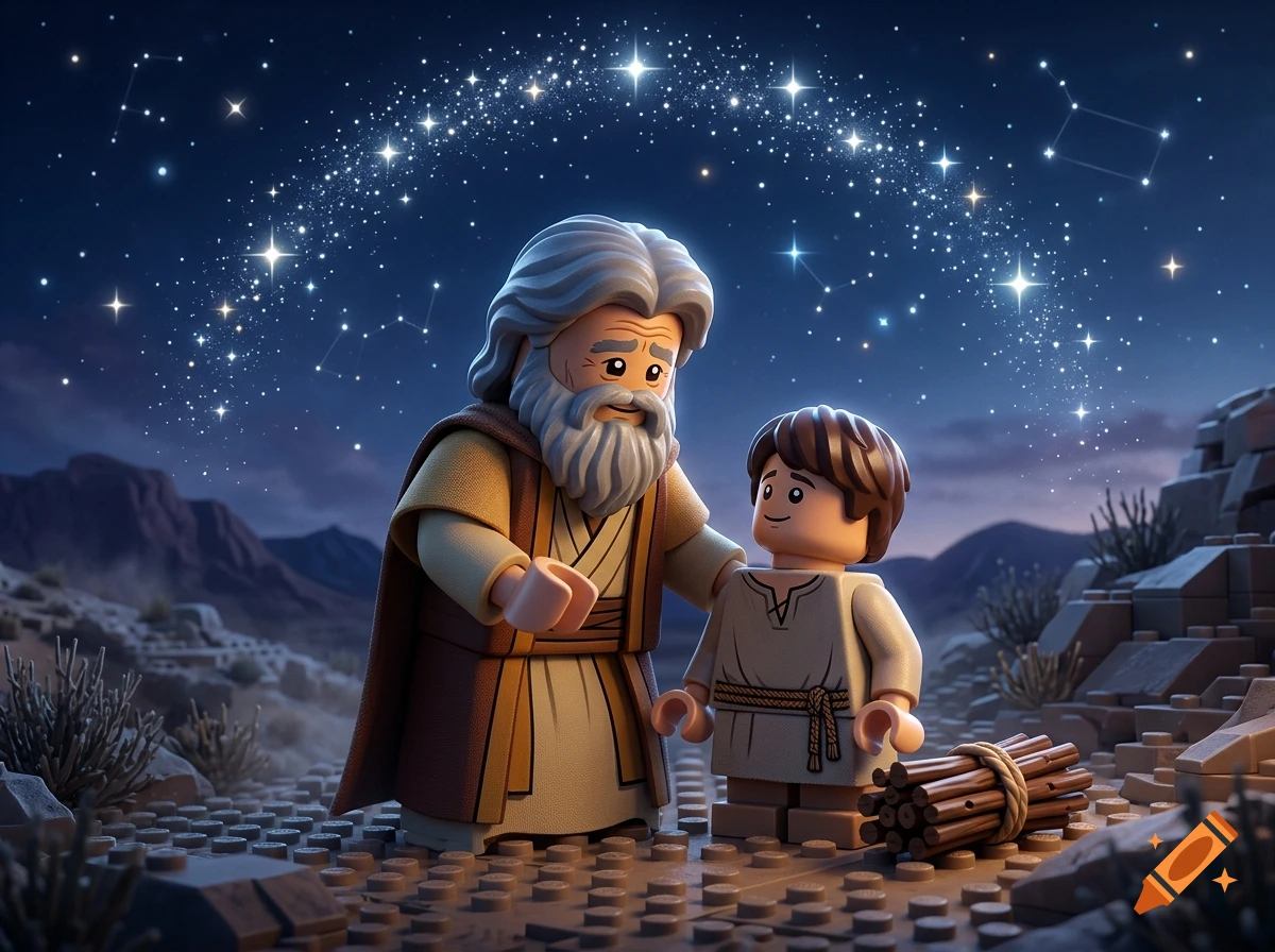 Lego-style figures of Abraham and his son Isaac in a desert landscape at night beneath an arch of bright stars.