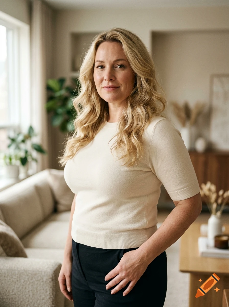 Photorealistic portrait of a blonde woman standing in a modern living room.