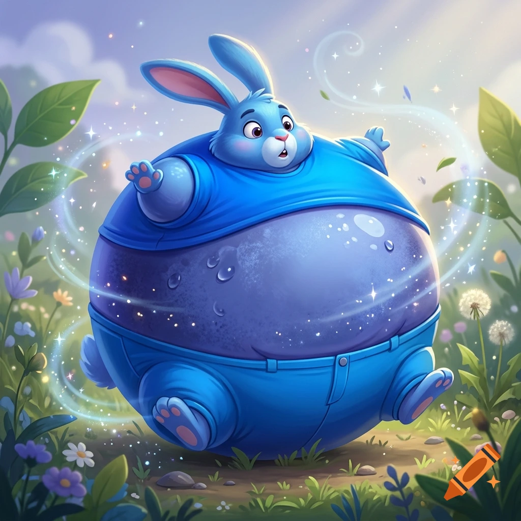 Digital illustration of a blue cartoon bunny wearing a blue shirt and pants, inflating into a gigantic blueberry in a meadow.