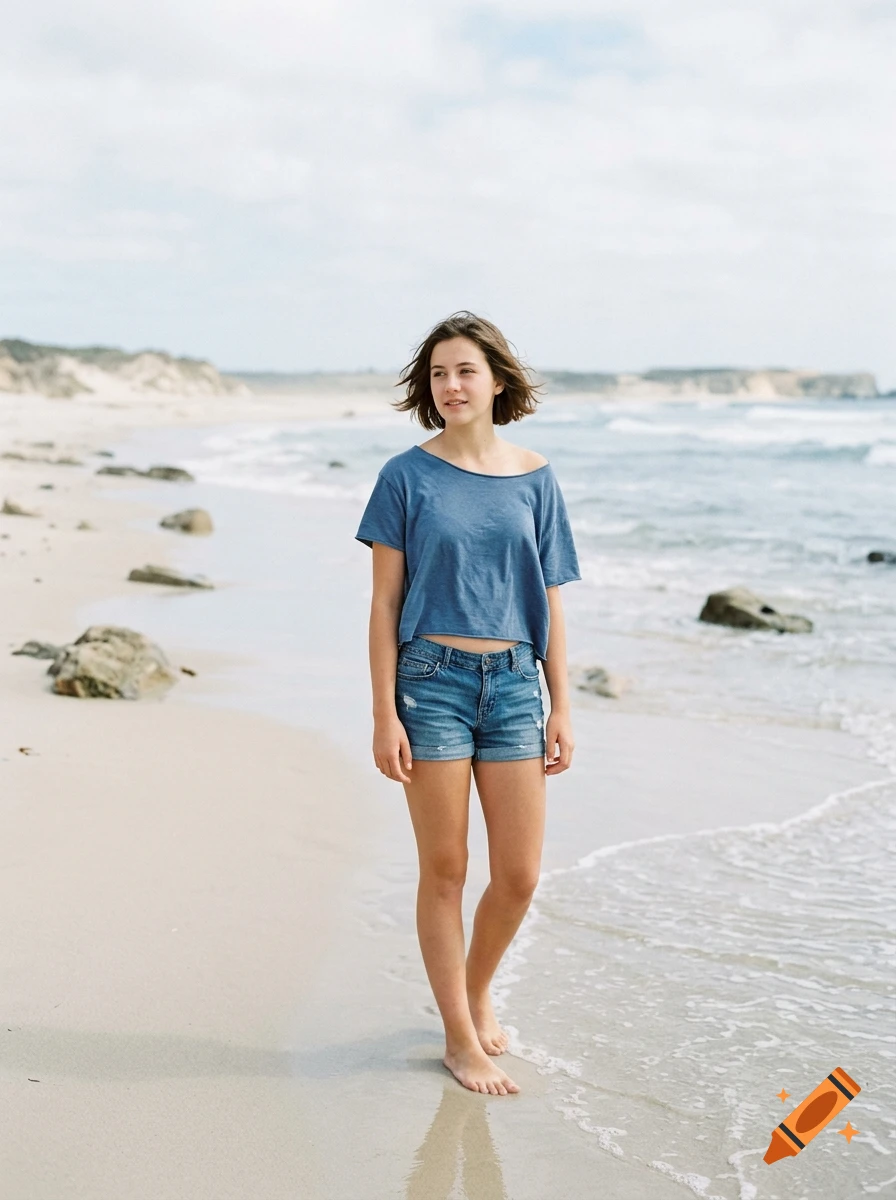 A young woman walking barefoot along a sandy beach near ocean waves, wearing a blue crop top and denim shorts, photorealistic.
