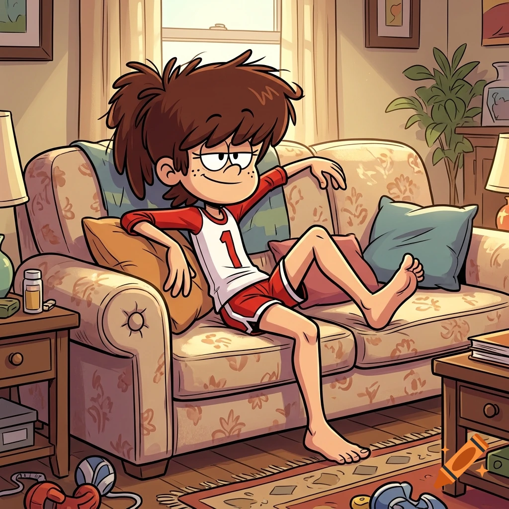 Animated cartoon character with brown spiky hair and a red-and-white shirt sitting on a floral couch in a living room.