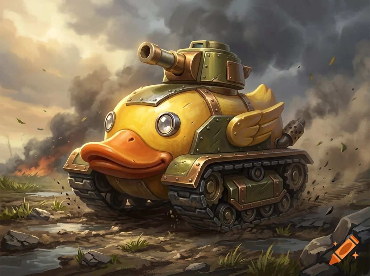 Digital art of a yellow rubber duck styled as a military tank rolling through a muddy battlefield with smoke in the background.