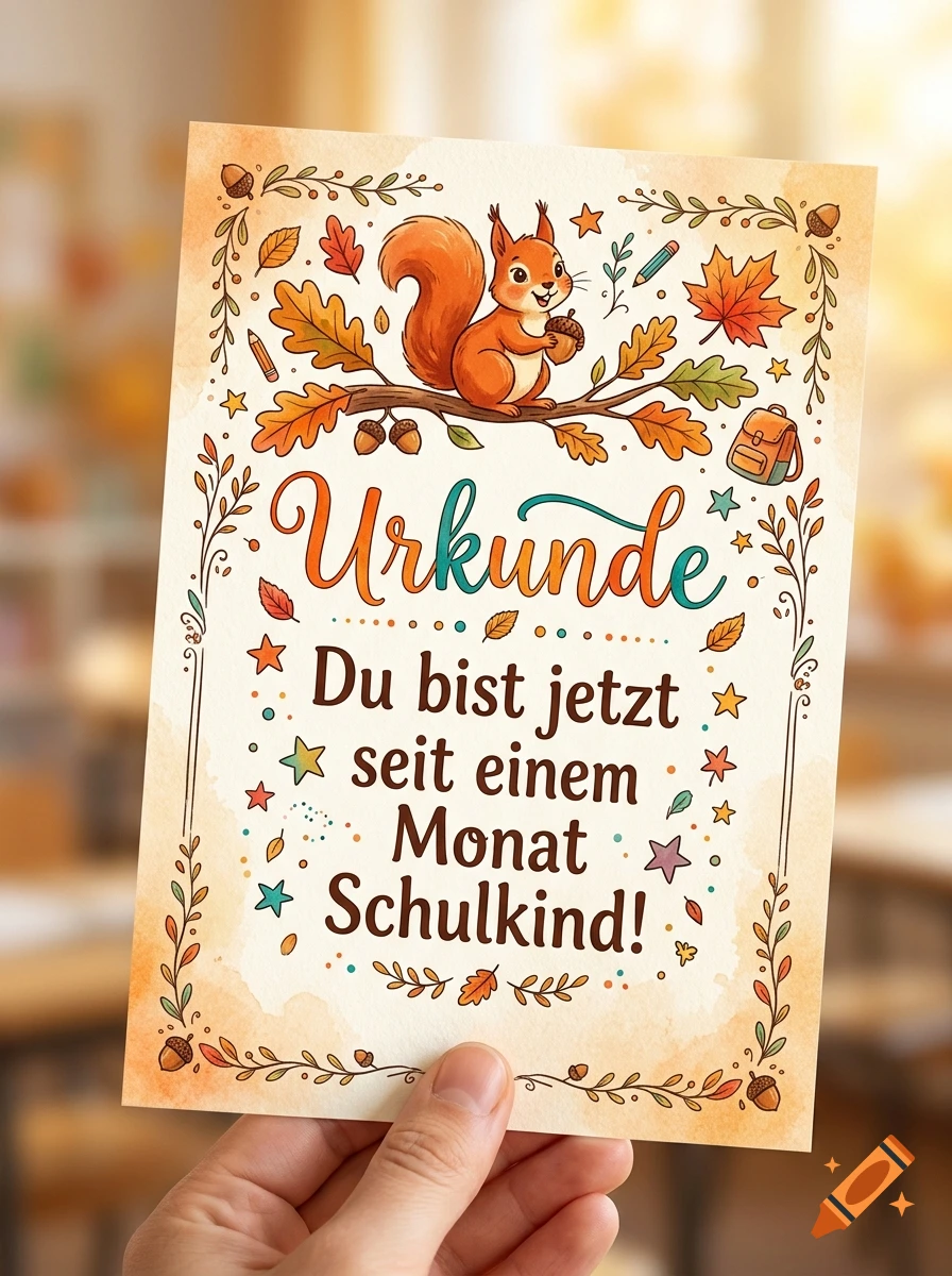 An autumnal greeting card held by a hand, featuring a cartoon squirrel, leaves, acorns, and the German text Urkunde Du bist jetzt seit einem Monat Schulkind.