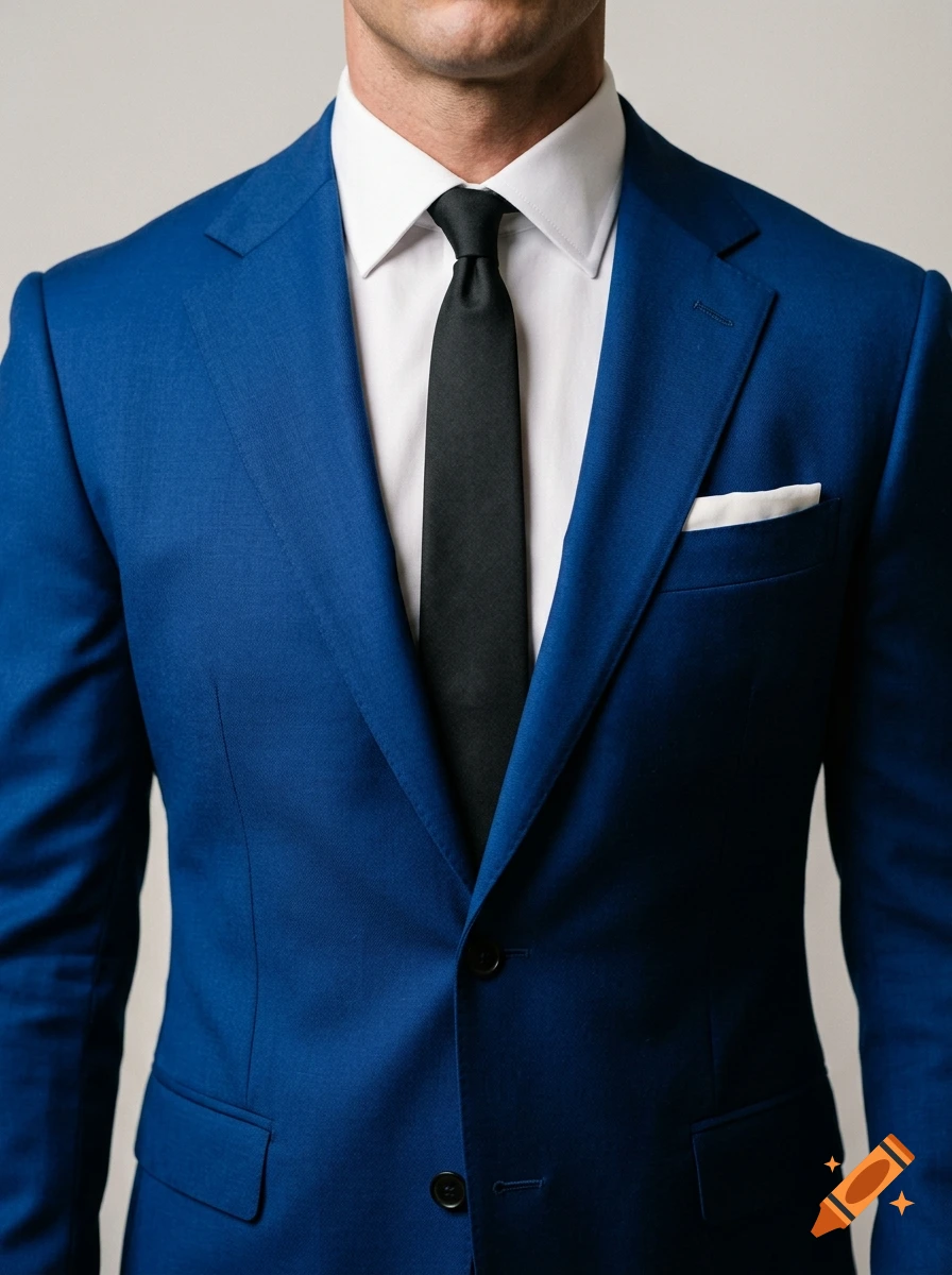 Close-up torso shot of a muscular man wearing a vibrant marine blue suit, crisp white dress shirt, and a black tie.