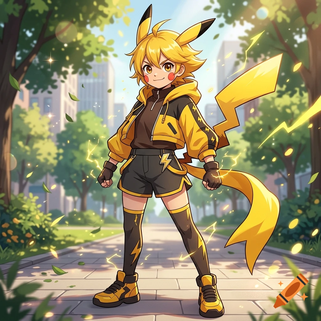 Anime-style illustration of a person cosplaying as Pikachu, wearing a yellow and black jacket and shorts in a city park.