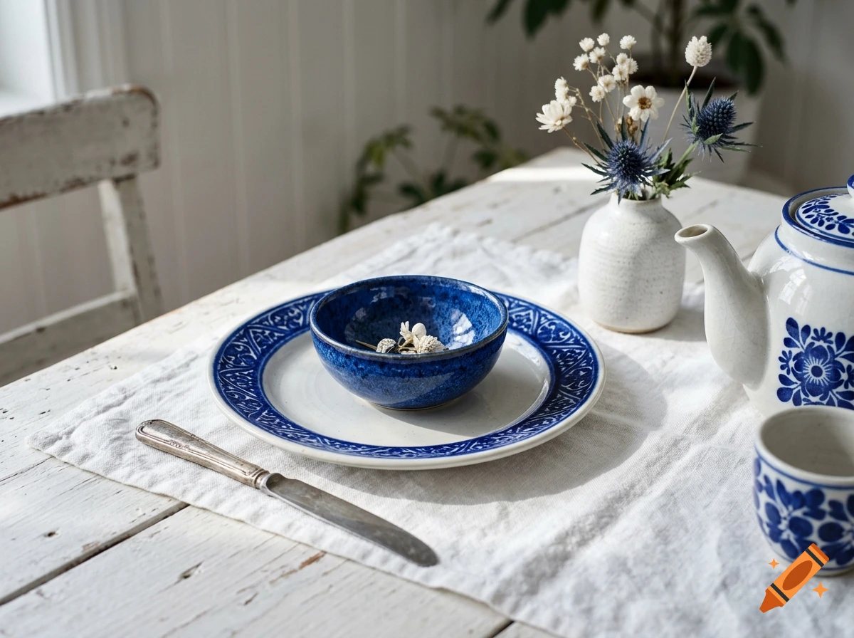Photorealistic still life of a blue and white patterned ceramic bowl, plate, teapot, and cup on a white wooden table with a small vase of flowers.
