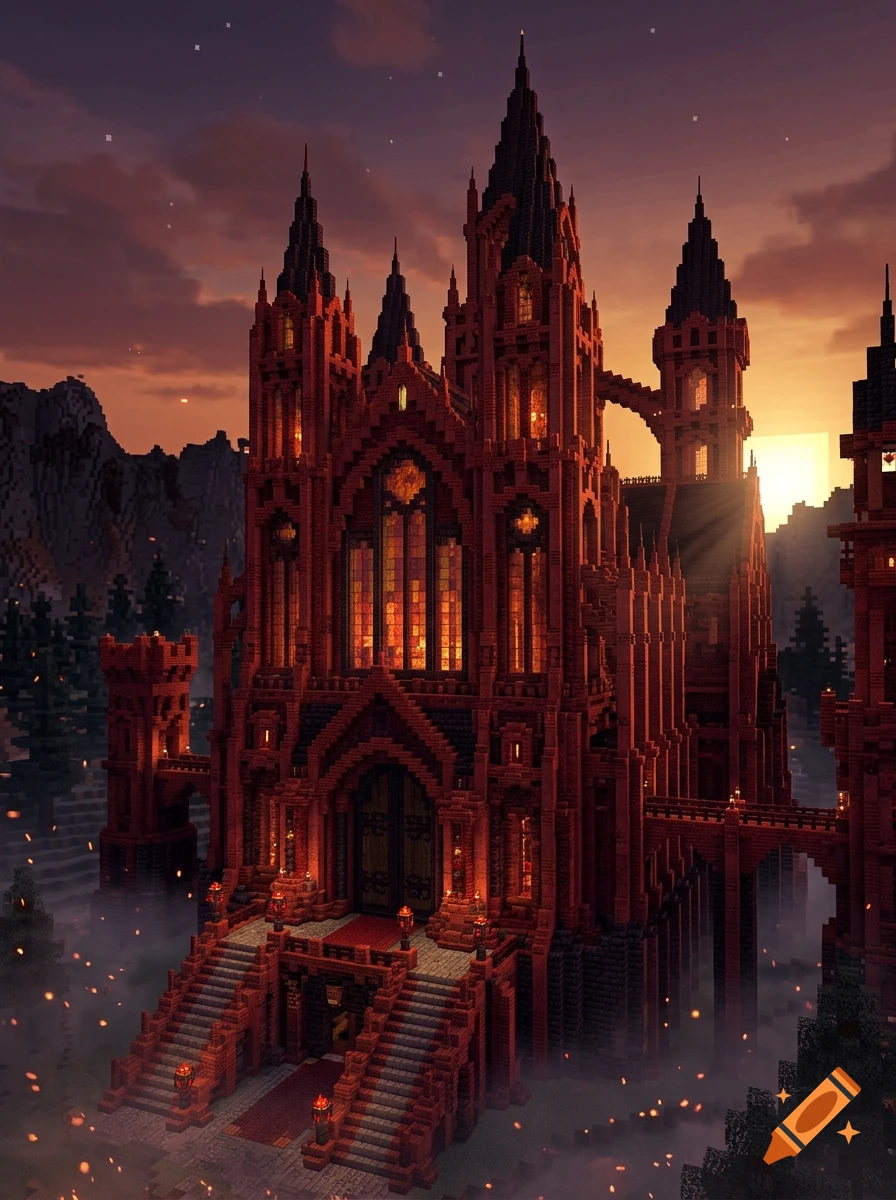 A detailed red cathedral built in Minecraft style with spires, stained glass windows, and glowing torches at sunset.