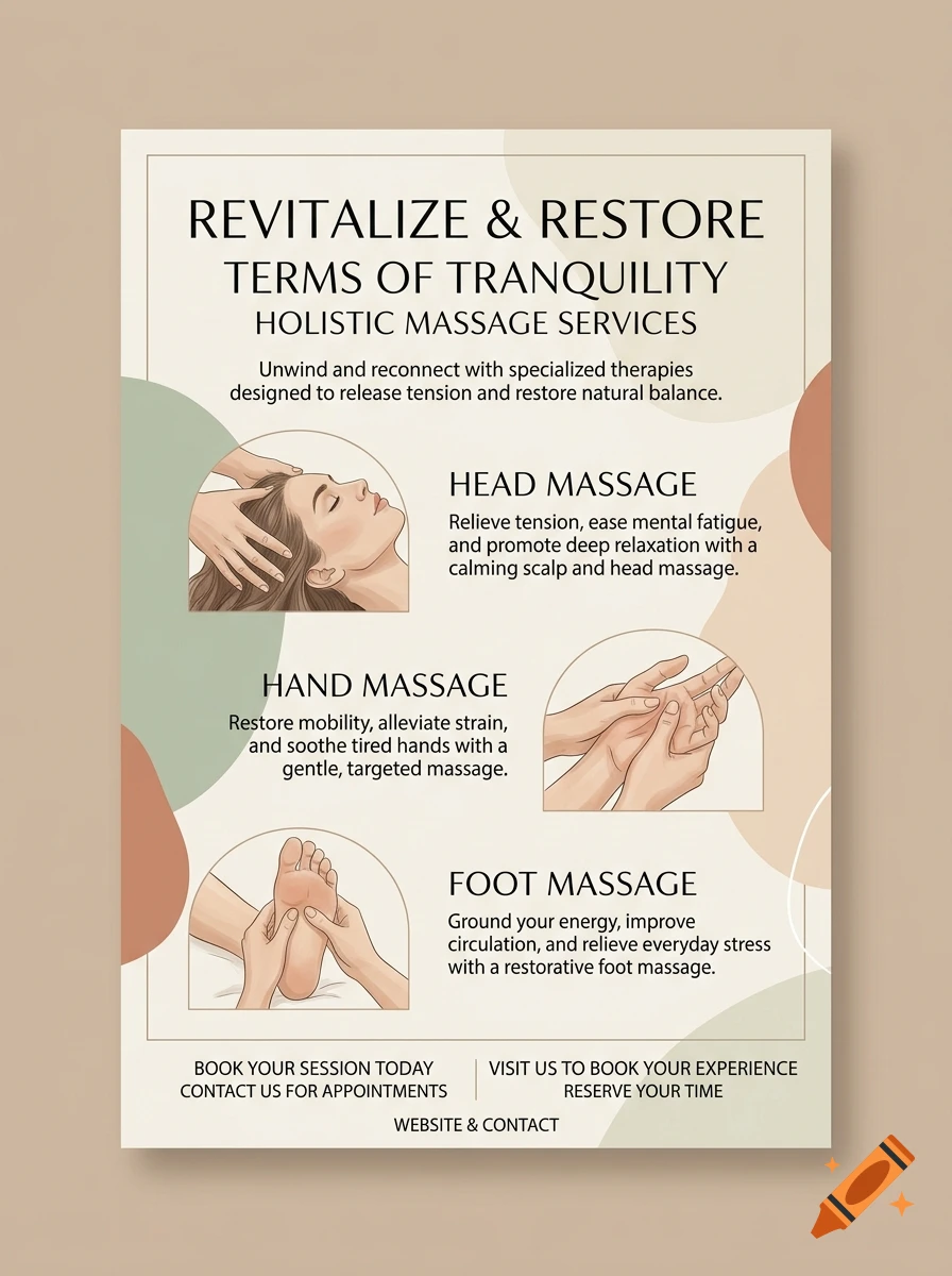 A modern holistic massage services flyer with soft pastel background, vector illustrations, and text.