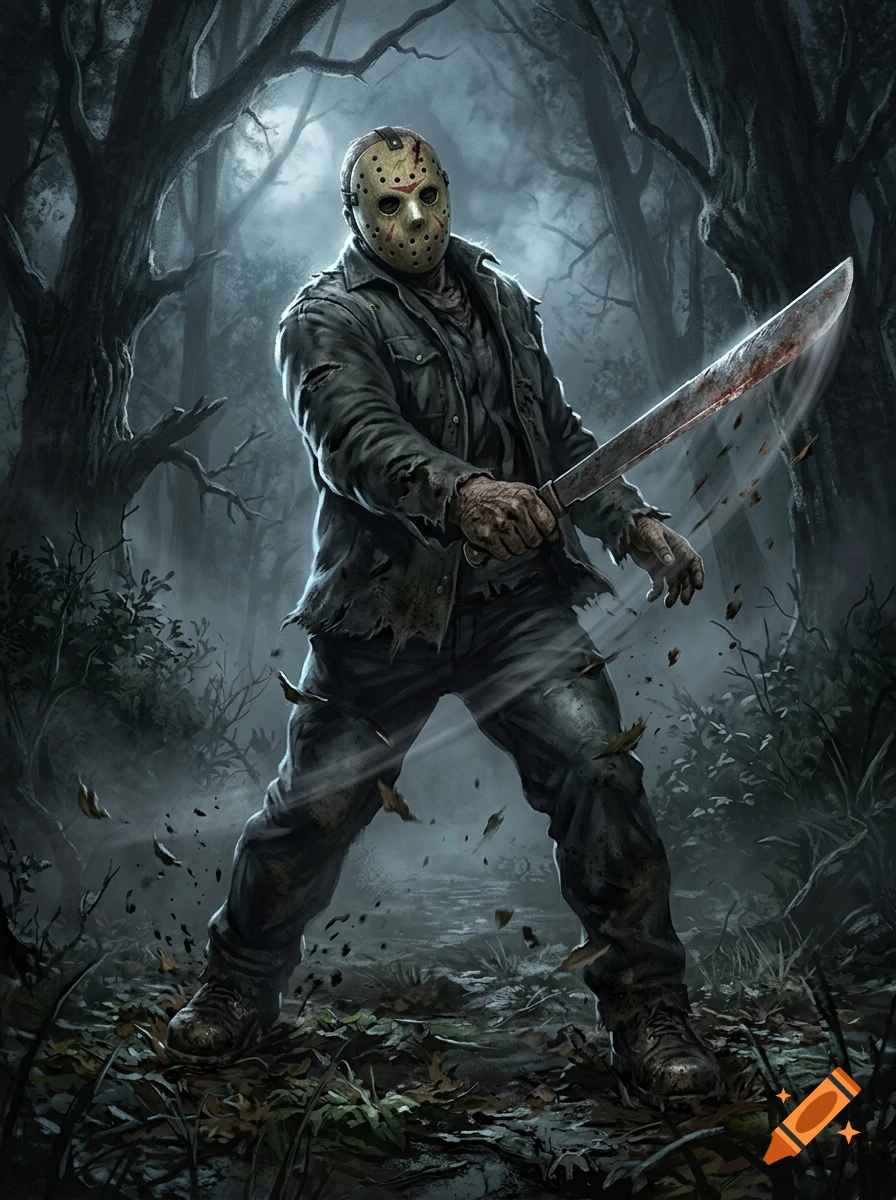 Jason Voorhees wearing a hockey mask and jacket, wielding a machete in a dark forest.
