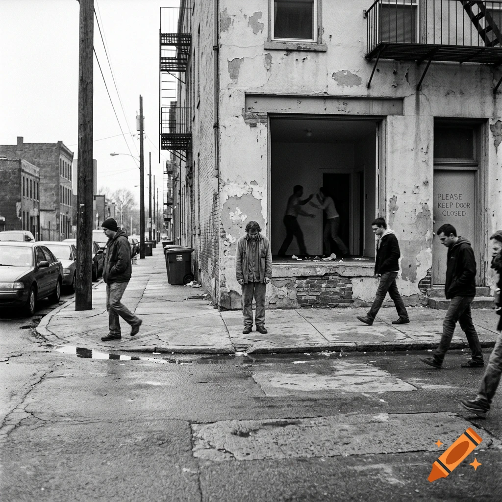 Black and white street scene with people walking past a weathered building, with a door sign reading please keep door closed.