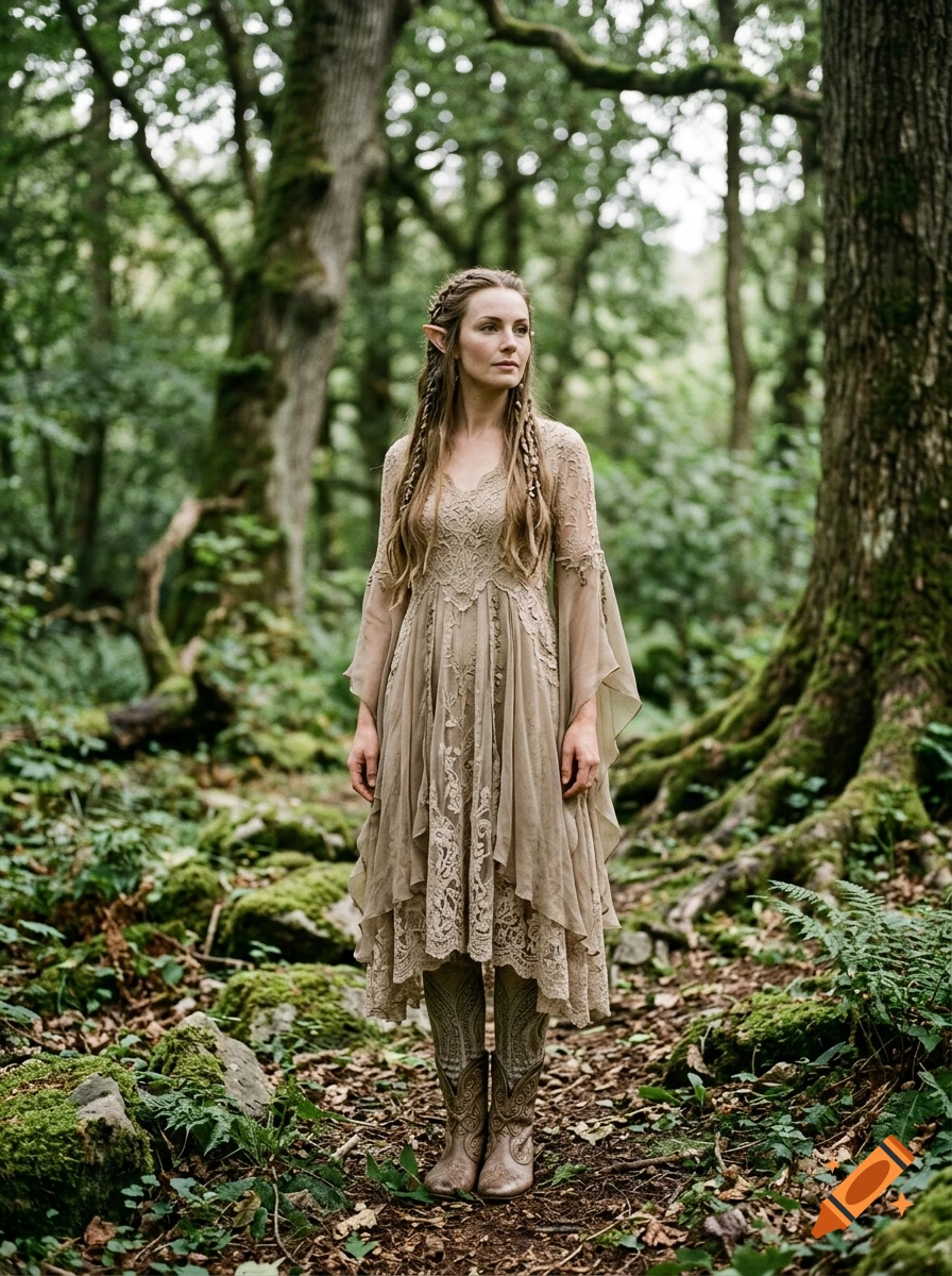 An elf-like woman standing in a lush forest wearing an intricate tan dress and boots.
