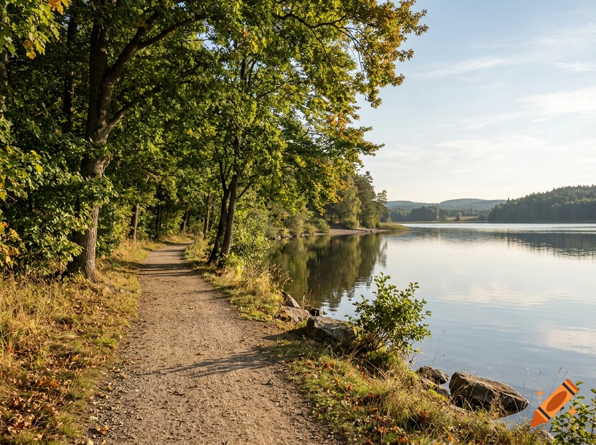 Photorealistic late summer landscape showing a dirt path along a calm lake with lush green trees casting reflections on the water.