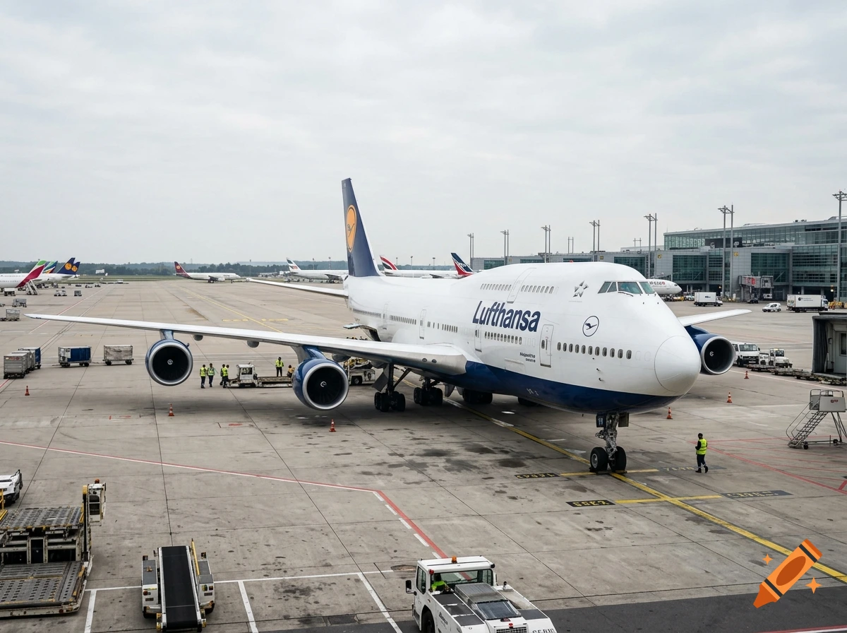 Photorealistic image of a large Lufthansa commercial airplane parked at an airport gate, surrounded by ground service equipment.