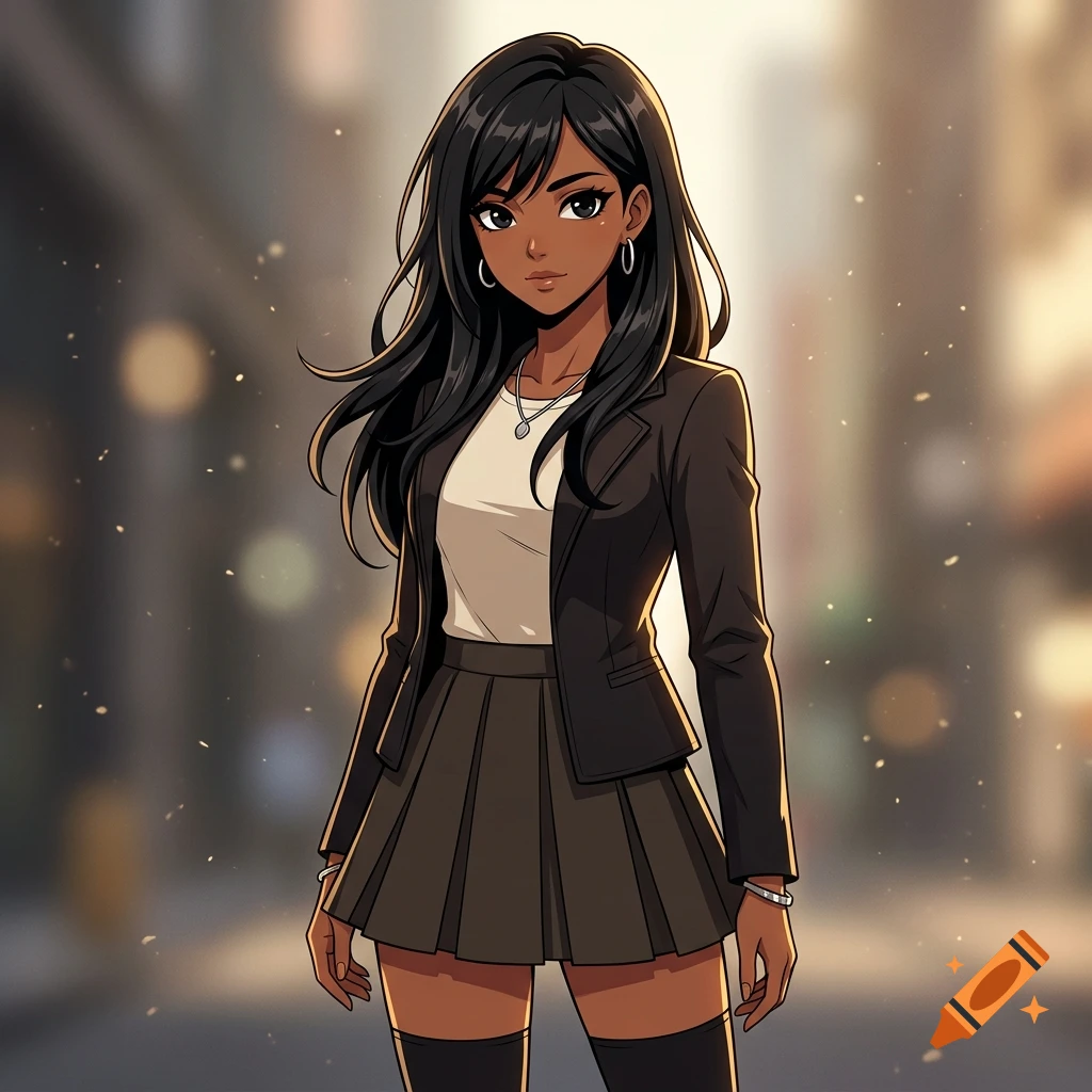 Anime style illustration of a young woman with dark hair and brown skin wearing a blazer, white shirt, and pleated skirt.