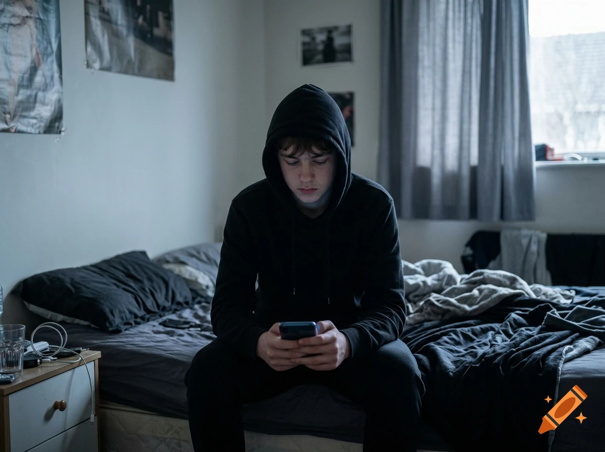 A young person in a black hoodie sits on a bed in a dim bedroom, looking down at a smartphone.