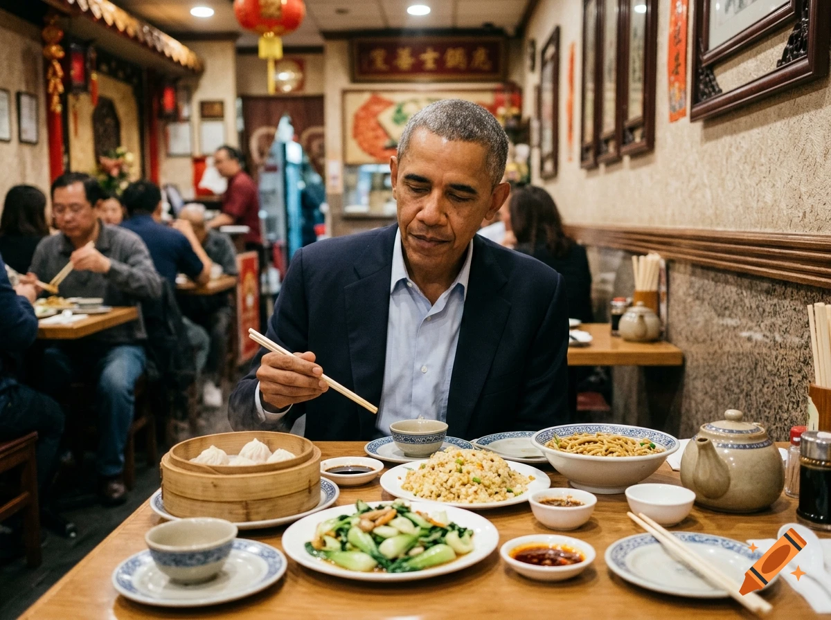 Barack Obama eating Chinese food with chopsticks at a restaurant table filled with dishes.