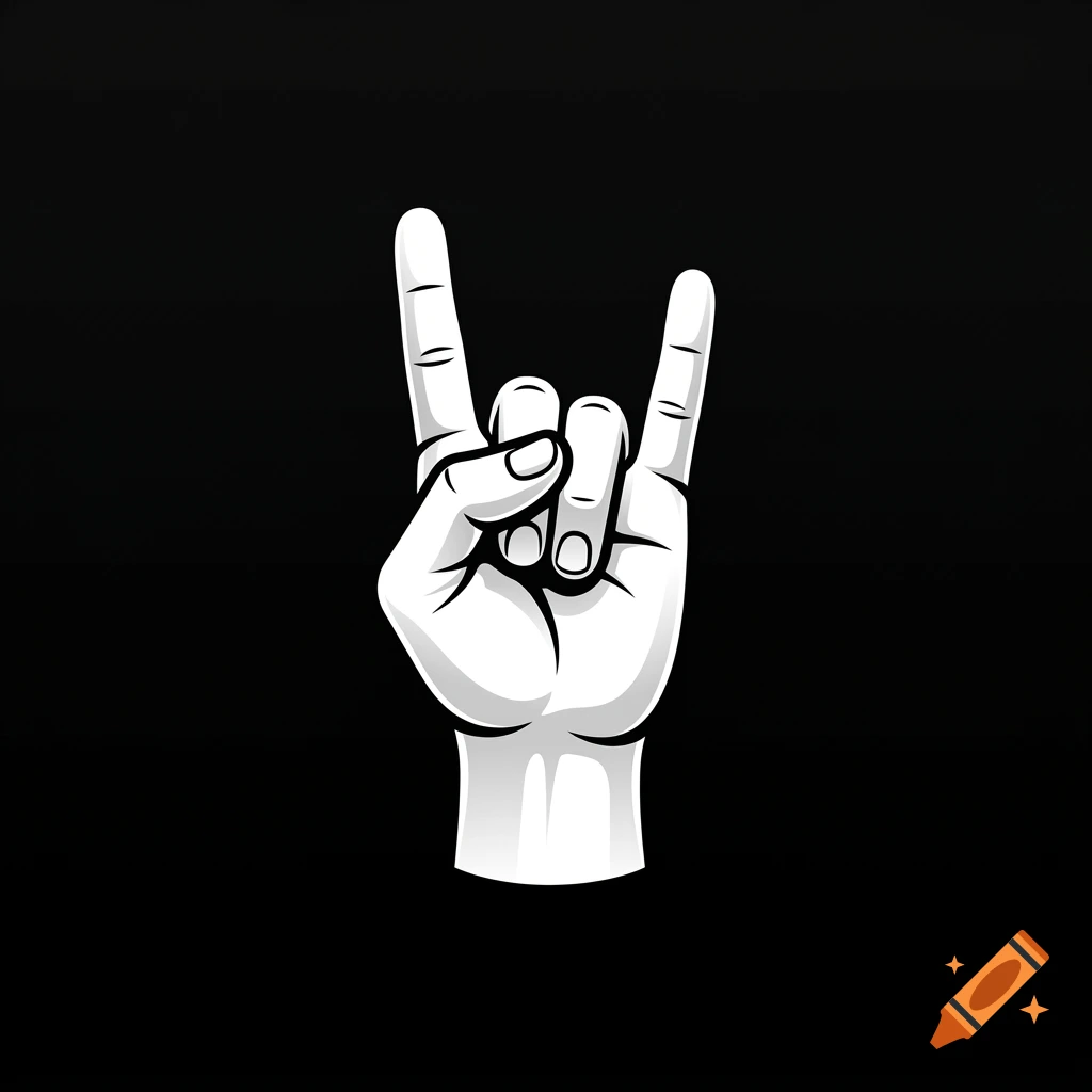 Black and white illustration of a hand making the rock and roll sign against a black background.