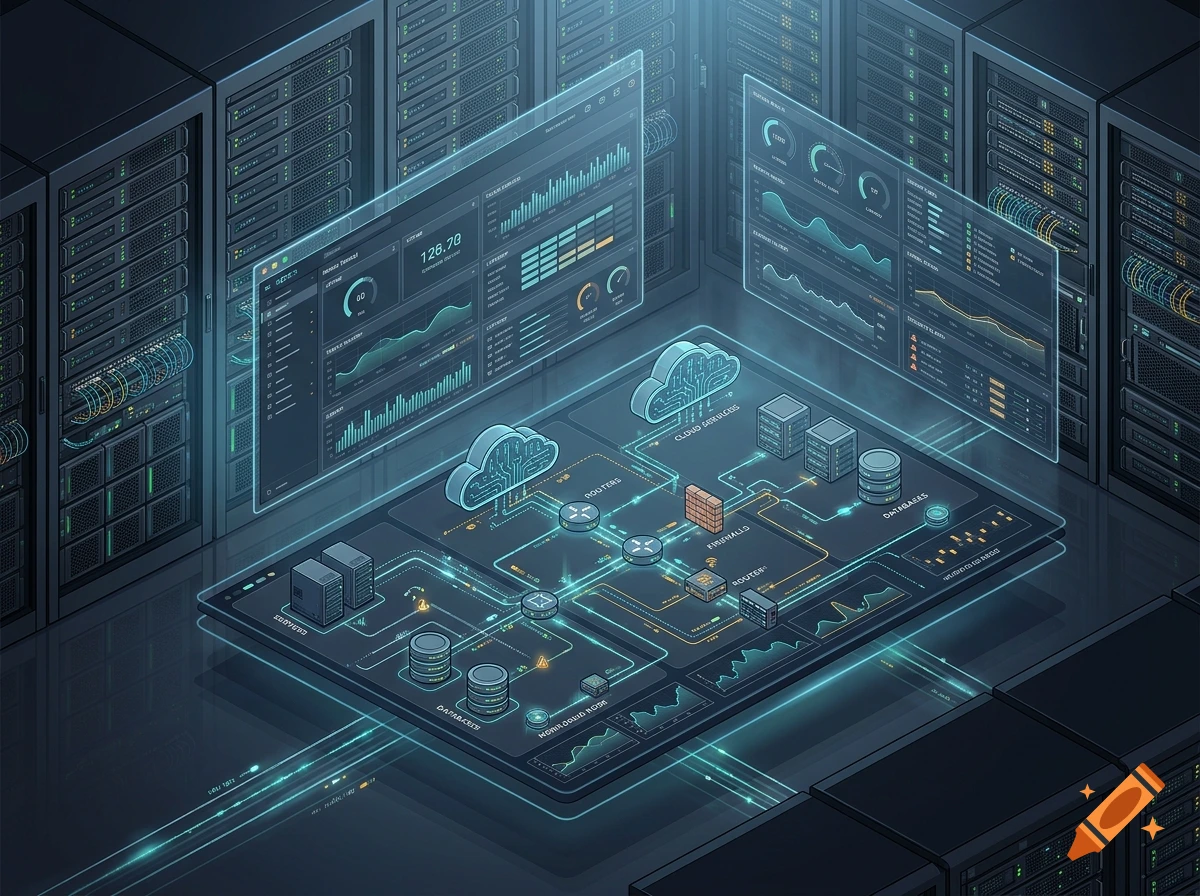Isometric digital illustration of a server room with glowing network monitoring diagrams and cloud architecture displays.