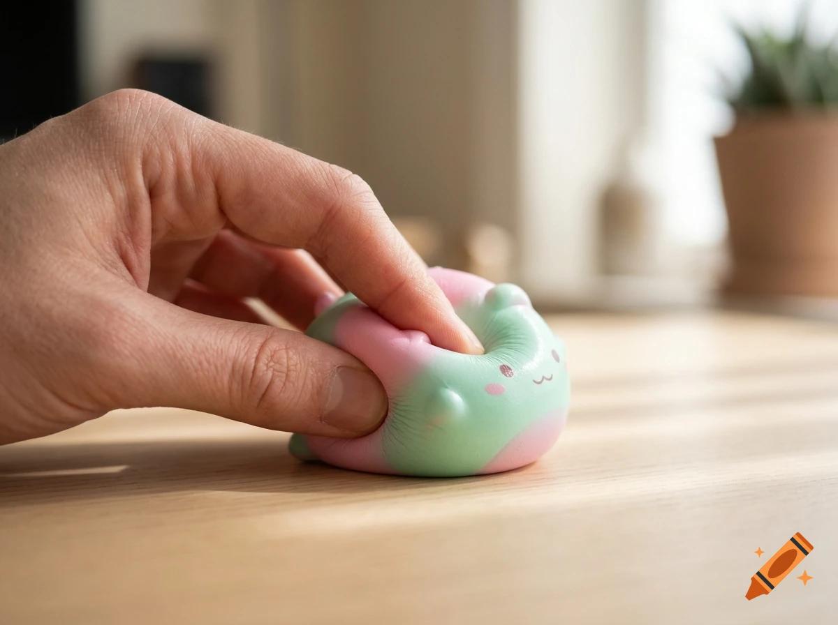 Close-up of a human hand squeezing a pastel pink and green squishy toy shaped like a cute animal on a wooden table.