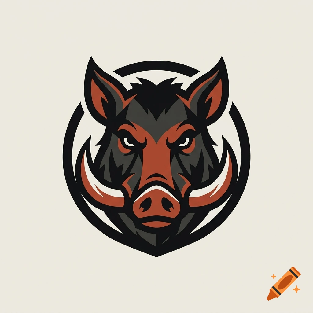 Vector style logo of an angry wild boar head inside a circle, featuring black, grey, and reddish-orange tones.