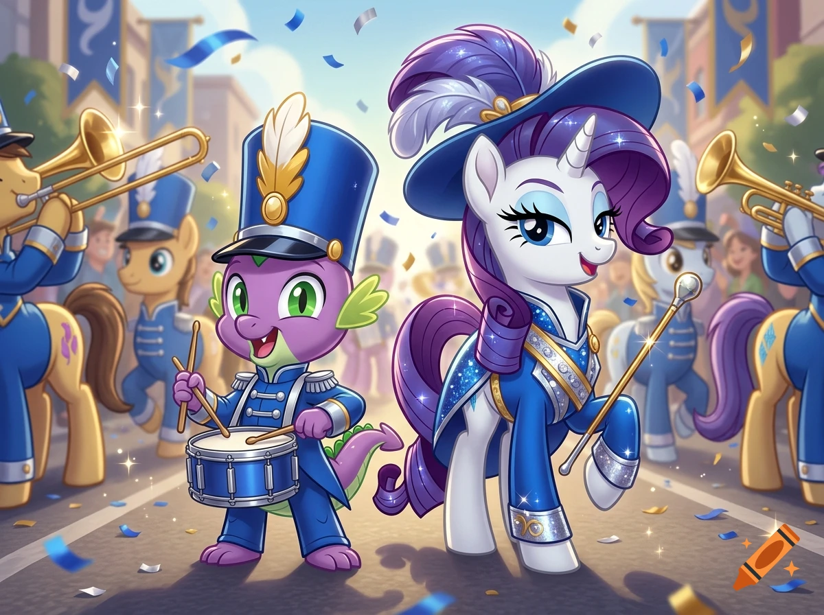 Spike and Rarity from My Little Pony dressed in blue marching band uniforms with drums and a baton in a festive parade.