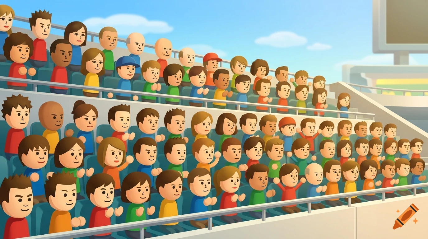 An illustrated stadium crowd in the style of Wii Sports, featuring diverse cartoon characters cheering.