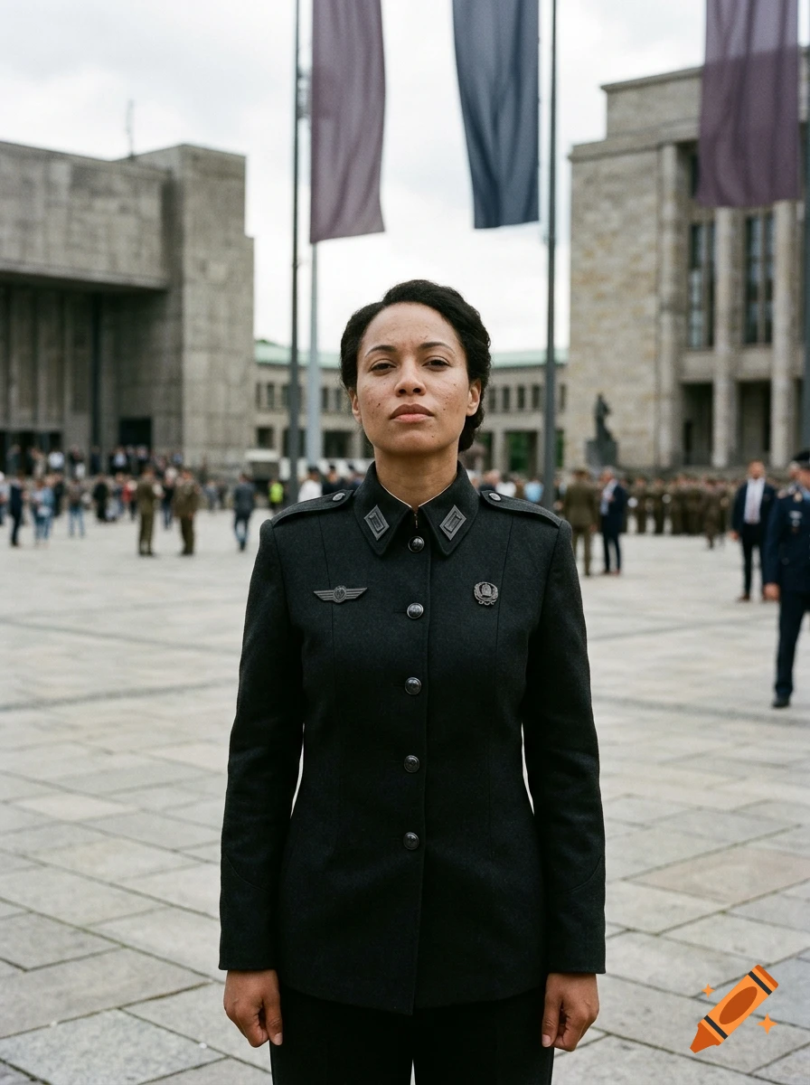 A woman in a dark military uniform stands outdoors in a plaza with large stone buildings and flags in the background.