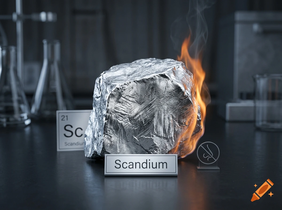Photorealistic image of a glowing silver scandium metal rock on a dark lab table with flames and chemistry equipment.